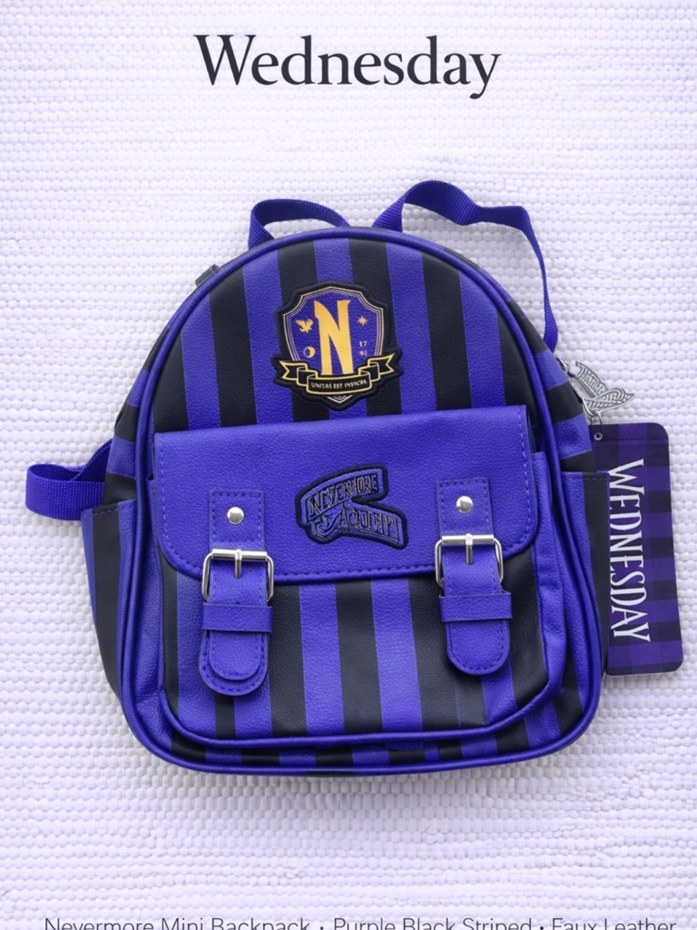 Wednesday Nevermore Mini Backpack Purple Black Striped Faux Leather